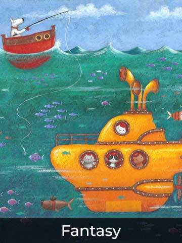 Imaginative fantasy artwork featuring a whimsical underwater scene with a bright yellow submarine filled with animals and a dog fishing from a small red boat above.